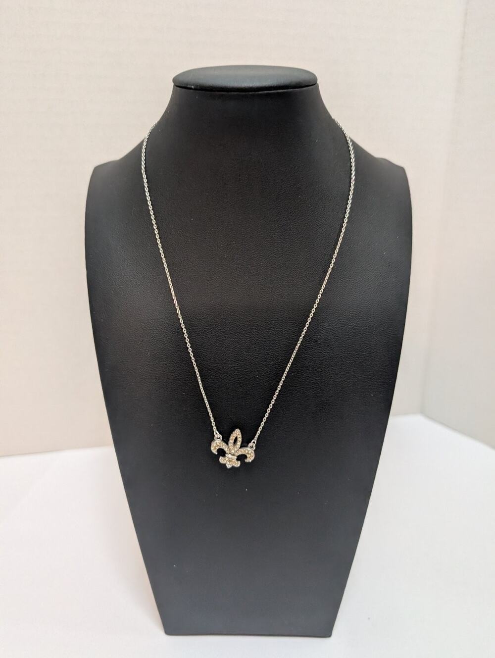 Brighton Fleur de Lis Necklace Silver Tone Pave Rhinestone Pendant 15-17" Adj